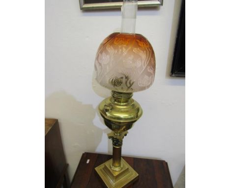 EDWARDIAN OIL LAMP, brass square base column support oil lamp with brass reservoir and Art Nouveau tinted glass shade, 61cm o