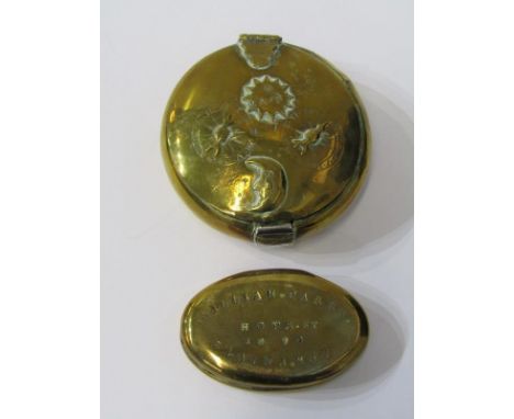 EARLY METALWARE, early 18th Century brass circular combination lock tobacco pouch decorated with sundial-style face with insc