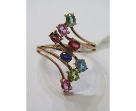 9ct YELLOW GOLD MULTI COLOUR SAPPHIRE CLUSTER RING, size R/S 