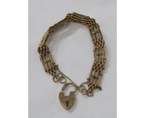 9ct YELLOW GOLD 4 BAR GATE STYLE CHARM BRACELET with heart padlock on safety chain, approx 17.8 grams, 7" length 
