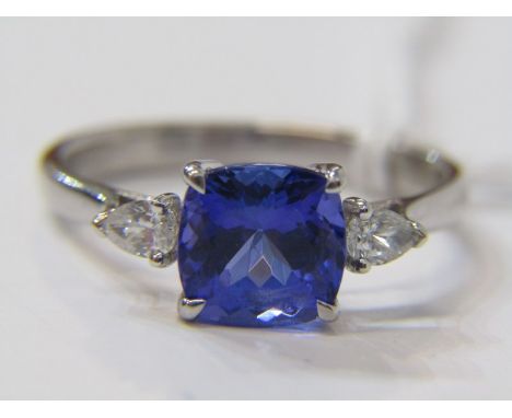 18ct WHITE GOLD TANZANITE &amp; DIAMOND RING, principal cushion cut tanzanite of good colour with accent pear cut diamond to 