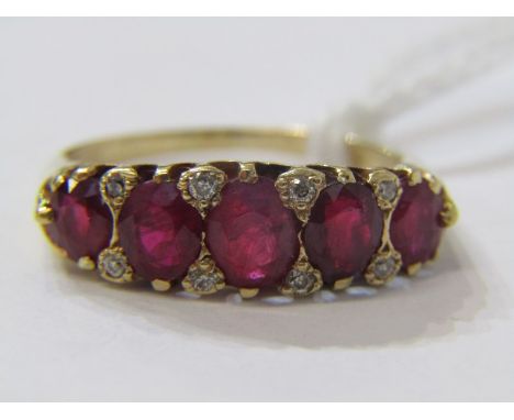 GOLD RUBY &amp; DIAMOND BOAT STYLE RING, 5 principal graduated oval cut rubies, each seperated by a pair of brilliant cut dia