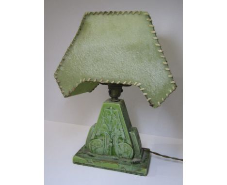 ART DECO, green glazed pottery table lamp with original parchment shade, 31cm height 