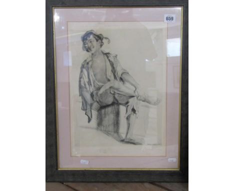 MAX BRUNNING, pencil signed etching "Portrait of Seated Peasant Boy", 34" x 25" 