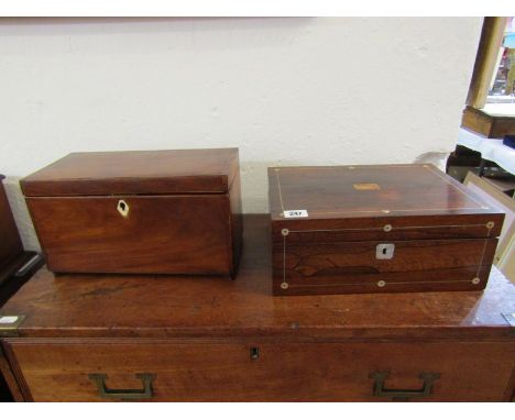 ANTIQUE TEA CADDY, 19th Century mahogany triple section tea caddy with inlaid lid interior, 30cm width; also Victorian inlaid