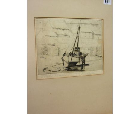 FRANK B JOWETT, pencil signed and inscribed etching "The Grey Boat, Mevagissey", 19cm x 23cm 