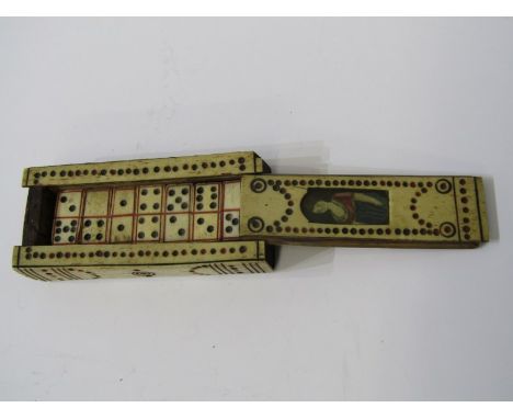 NAPOLEONIC PRISONER OF WAR, carved mutton bone dominoes with sliding cover inset with young lady portrait, 11cm length 