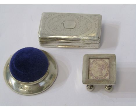 SILVER ITEMS, silver George III snuff box by Samual Pemberton, circa 1810, 925 stamped stamp box and small silver pin cushion