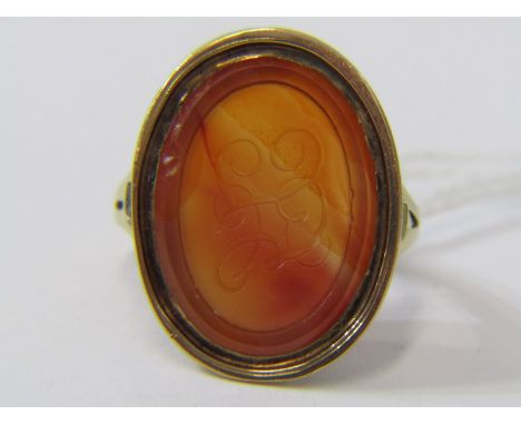 VINTAGE CARNELIAN INTAGLIO SEAL RING, 9ct yellow gold size F 