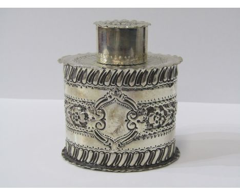 SILVER TEA CADDY, lidded silver tea caddy of oval form with engraved foliate banded decoration in relief, London HM 1899, 10c