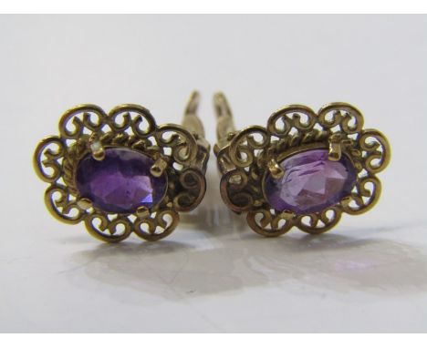 GOLD &amp; AMETHYST EARRINGS, filigree design, clip-on style, yellow metal tests as gold 