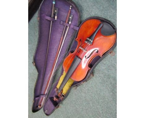 VIOLIN, vintage violin with 2 bows in early travelling case, 36cm body length 