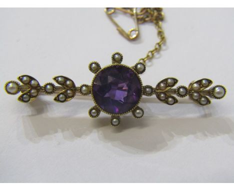 15ct YELLOW GOLD AMETHYST &amp; SEED PEARL BROOCH, approx 5.5 grams 