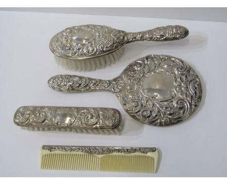 SILVER BACKED DRESSING TABLE SET, 4 piece set comprising hand mirror and 2 brushes and comb, maker B&amp;Co Birmingham 