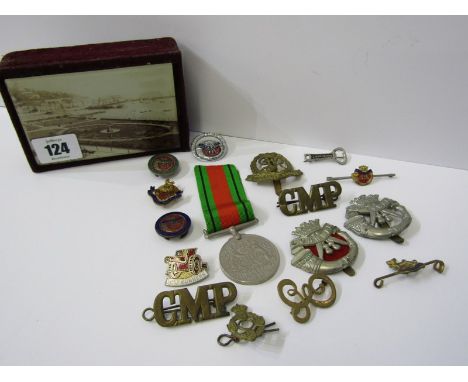 MILITARIA, A 1939 45 Defence Medal, Duke of Cornwall cap badges and others, enamel badges etc in a late Victorian trinket box