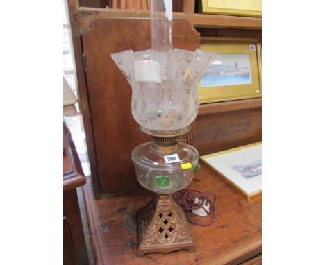 EDWARDIAN OIL LAMP, ornate cast square base oil lamp with decorative glass reservoir and etched crinoline glass shade (conver