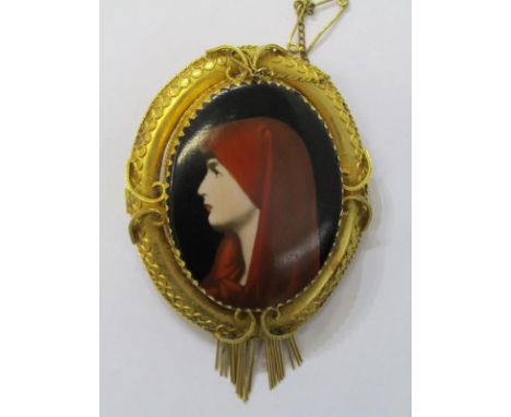 YELLOW METAL PORTRAIT BROOCH, Testing high ct. gold, nice quality portrait&nbsp;on porcelain of a young lady wearing a head s