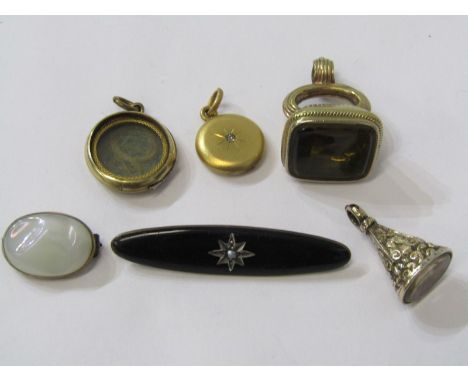FOBS, LOCKETS &amp; BROOCHES, selection of yellow metal fobs including citrine lockets, 1 a/f and vintage bar brooch 