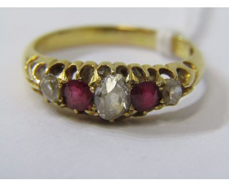 ANTIQUE RUBY &amp; DIAMOND BOAT STYLE RING, Principal oval diamond, 2 round old cut rubies and 2 further old cut diamonds in 