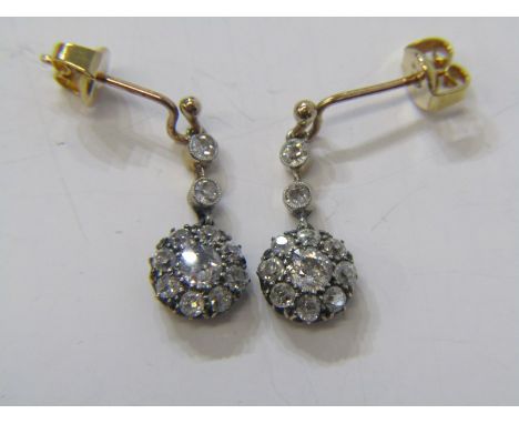 VINTAGE 18ct GOLD DIAMOND DROP EARRINGS, principal old cut diamond surrounded by 8 further old cut diamonds with 2 diamonds o