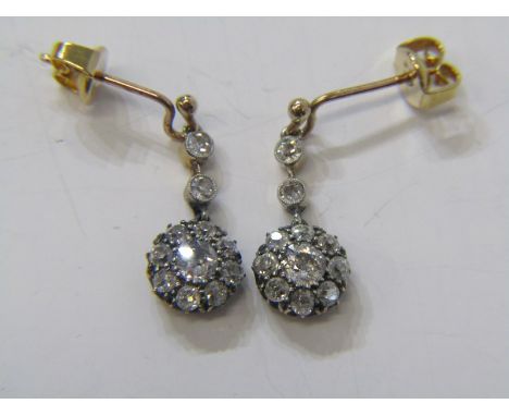 VINTAGE 18ct GOLD DIAMOND DROP EARRINGS, principal old cut diamond surrounded by 8 further old cut diamonds with 2 diamonds o