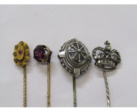 SELECTION OF LAPEL PINS, including silver amethyst and gold, ruby and gold and a paste stoneset 
