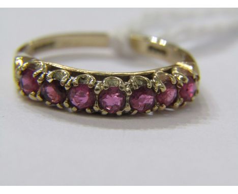 9ct YELLOW GOLD 7 STONE RUBY HALF ETERNITY STYLE RING, size O 