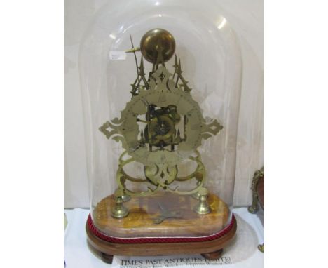 SKELETON CLOCK, 19th Century fusee movement mantel clock under glass dome, 45cm overall height 