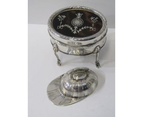 SILVER RING BOX, late Victorian quality silver ring box of oval form, rising top with silver inlaid to tortoiseshell with fit