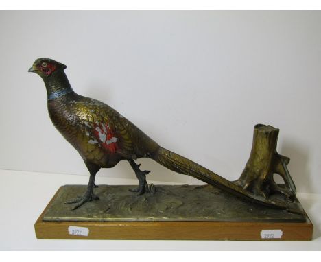 TABLE LIGHTER, Continental painted metal table top lighter of Pheasant (some damage) 30cm length 