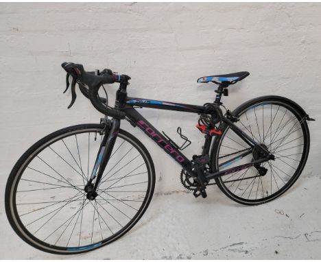 LADIES CARRERA ZELOS ROAD BIKE of aluminium frame in matte black with purple and blue detailing, Shimano gears and with 40cm 