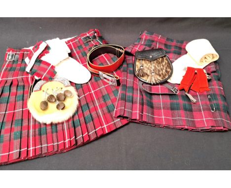 MENS VINTAGE WOOLLEN KILTwith two sporrans, a silver mounted rabbits foot with orange gemstone, cream socks, belt, and a ladi