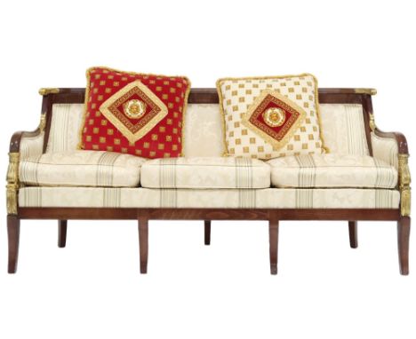 CONTEMPORARY LOUIS XVI STYLE THREE SEATER SETTEE with cream Damask upholstery on shaped frame with carved gilt painted detail
