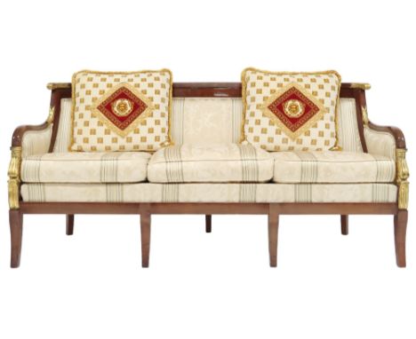 CONTEMPORARY LOUIS XVI STYLE THREE SEATER SETTEE with cream Damask upholstery on shaped frame with carved gilt painted detail