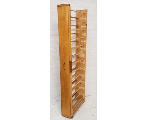 TALL CUSTOM MADE SHOE RACKone side made from a re-purposed large Satinwood drawer with cross banding, twelve shelves on metal