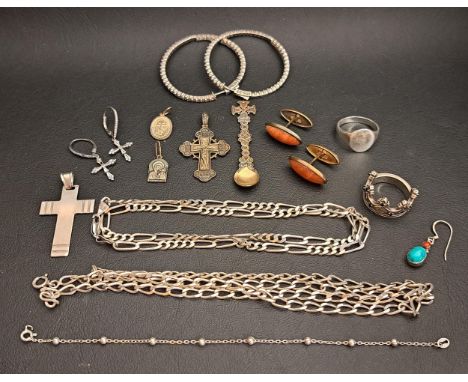 SELECTION OF SILVER JEWELLERYincluding two fancy curb link necklaces, a pair of stone set cufflinks, various rings, a pair of