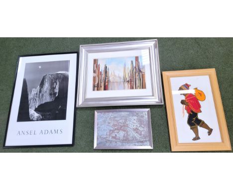 SELECTION OF PRINTS AND OTHER PICTURESincluding an impressionist cityscape, glazed and in contemporary silver frame, 66cm x 8