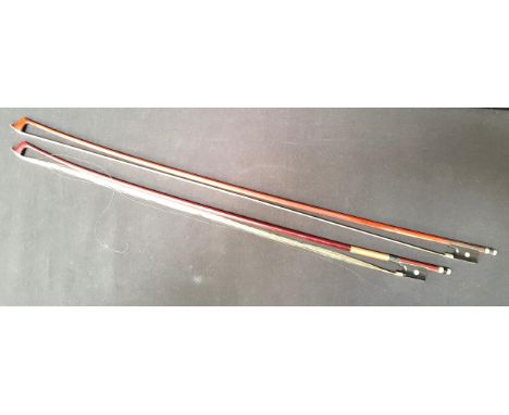 TWO VIOLIN BOWSone nickel mounted with octagonal stick, the other nickel mounted with round stick (2)