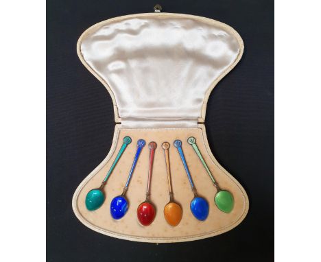 SET OF SIX DAVID ANDERSEN SILVER GILT AND ENAMEL TEASPOONSof various colours, reverse stamped 'DA 925S Norway Sterling' with 