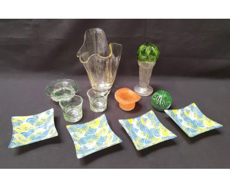 SELECTION OF GLASSWAREincluding a Vasart top hat vase; a very light yellow handkerchief vase; a pair of tumblers with green g