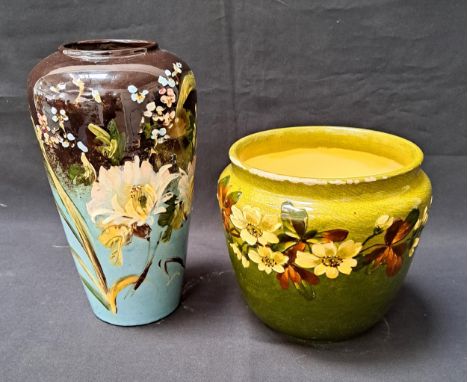 BURMANTOFTS STYLE VASE AND JARDINIERthe jardiniere in green with painted flowers, stamped Art pottery 47C 4978 to base, 21cm 