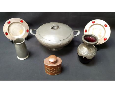 SELECTION OF DECORATIVE METALWAREcomprising a Liberty & Co. Tudric pewter two handled tureen and cover, numbered 0420, 29cm w
