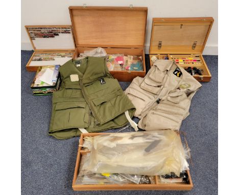 SELECTION OF FLY MAKING EQUIPMENT AND ACCESSORIESincluding a large selection of feathers, thread and hooks alongside two fish