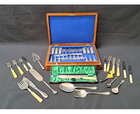 CANTEEN OF SILVER PLATED CUTLERYin fitted Mahogany box with brass monogrammed plaque, a set of bone handled sterling silver c
