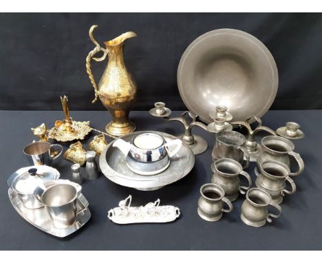 SELECTION OF PEWTER AND OTHER METALWAREincluding a Hazelware Pewter candelabra, a Just Andersen Danish pewter bowl, an Arts a