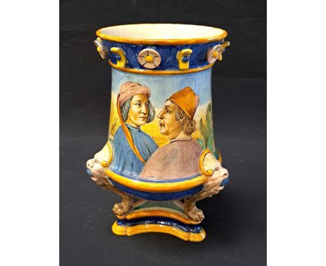 ITALIAN GINORI MAJOLICA ALBARELLO STYLE JARthe waisted jar with figure and foliate decoration raised raised on three paw feet