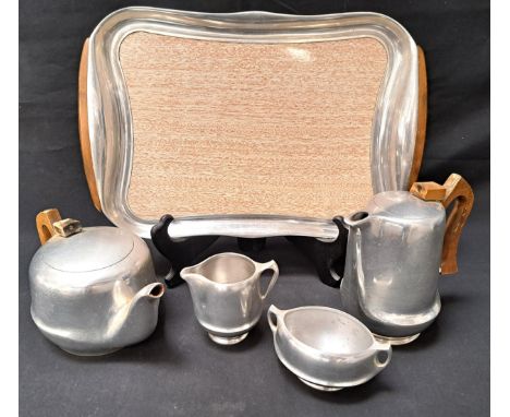 PICQUOT WARE COFFEE / TEA SERVICEcomprising coffee pot, tea pot, milk jug, sugar bowl and tray