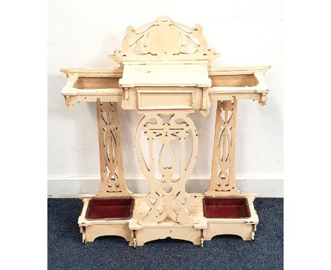 WHITE PAINTED STICK/UMBRELLA STANDwith pierced motif decoration, the central storage compartment with hinged cover, with a dr