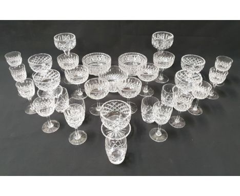 SELECTION OF CRYSTAL AND CUT GLASSincluding six Thomas Webb Champagne glasses, ten smaller Thomas Webb stemmed glasses, pair 