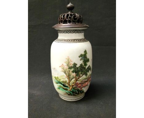 20th CENTURY CHINESE VASEdepicting landscape scenes with pink blossom and mountain in the distance, red and black detail arou